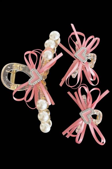 Pembe Renk Kalp Figürlü İnci Detaylı 3lü Mandal Toka Set