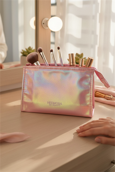Pembe Renk Hologramlı Makyaj Çantası
