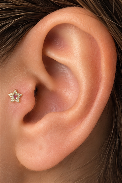 Altın Renk Yıldız Figürlü  Taşlı Cerrahi Çelik Tragus/Kıkırdak Küpe/Piercing (Tek)