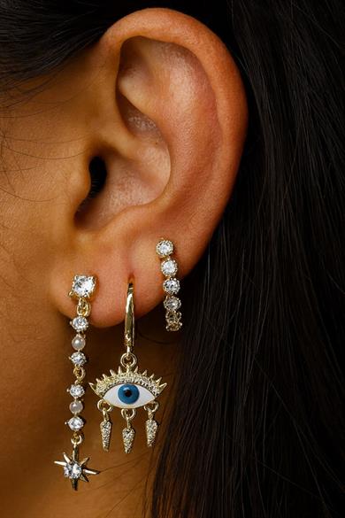 Altın Renk Göz Figürlü 3lü YSX Küpe Set