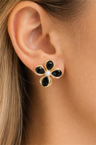 Altın Ve Siyah Renk Çiçek Figürlü Küpe (Çift)