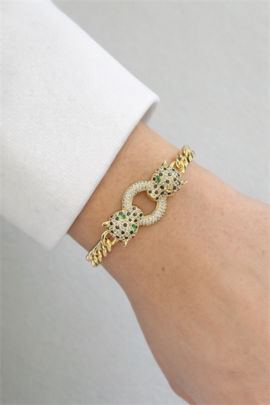 Altın Renk Kaplan Figürlü Taş Detaylı 14K Altın Kaplama CM Bileklik