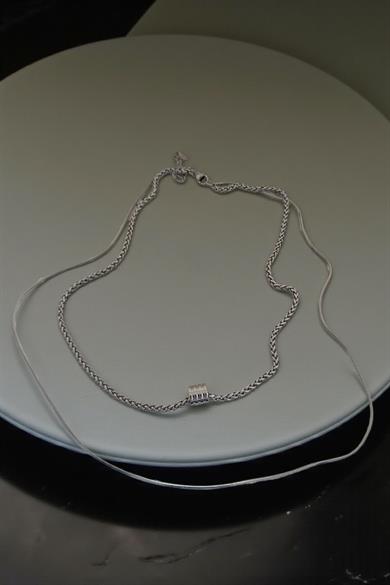 Gümüş Renk Erkek İkili Zincir Çelik Kolye 