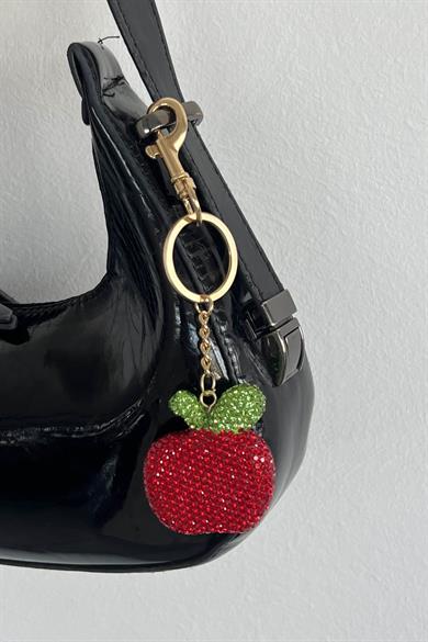 Altın Renk Elma Figürlü Taş Detaylı Çanta Charm/ Anahtarlık