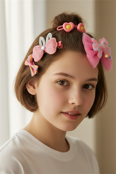 Pembe Renk Kurdele Figürlü Lastik, Yan Toka Set