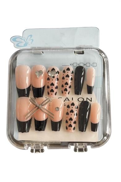 12li Siyah Ve Pembe Renk Kurdele Figürlü Taşlı Takma Tırnak Set (Yapıştırıcılı)