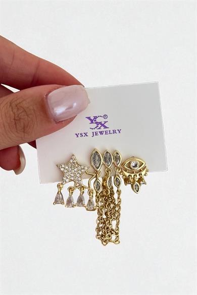 Altın Renk Karışık Figürlü Taş Detaylı 3lü YSX Küpe Set