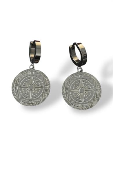 Gümüş Renk Pusula Figürlü Çelik Küpe (Çift)