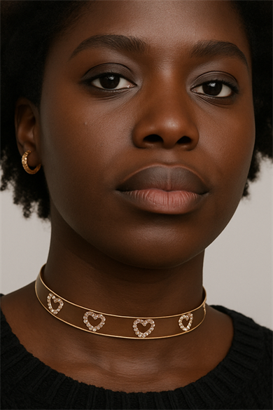 Altın Renk Kalp Figürlü Taş Detaylı Choker Kolye