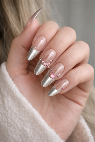 12li Pudra Ve Gri Renk Jel Görünümlü Takma Tırnak (Yapıştırıcılı)