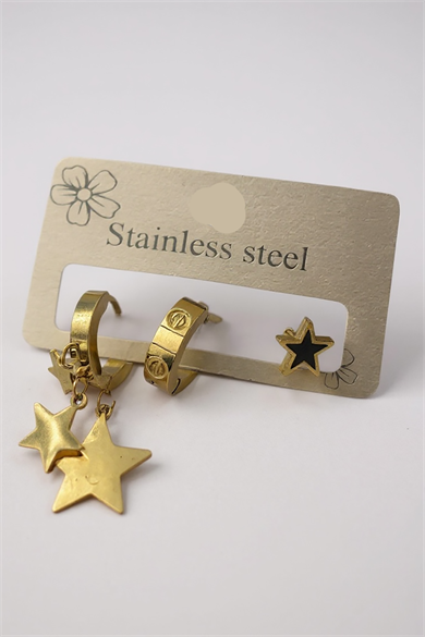 3lü Altın Renk Karışık Figürlü Çelik Küpe Set