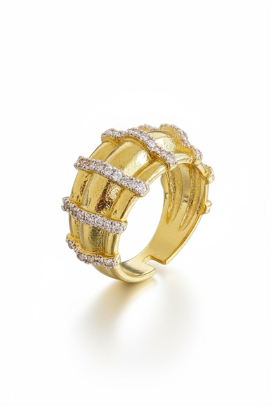 Altın Ve Gümüş Renk Taş Detaylı 14K Altın Kaplama Ayarlanabilir Yüzük