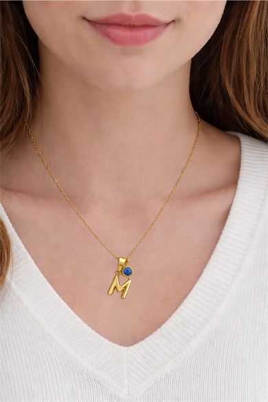 Altın Renk M Harfli Nazar Boncuk Detaylı Çelik Kolye