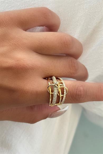 Altın Renk Taş Detaylı Ayarlanabilir Yüzük