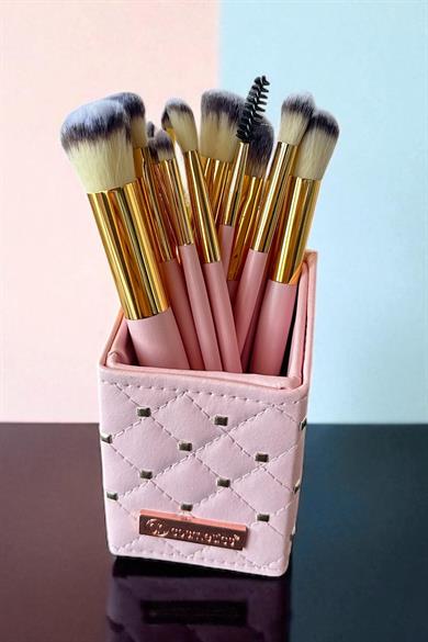 Pembe Renk Profesyonel 13lü Standlı Makyaj Fırça Seti