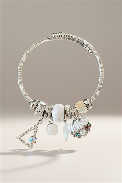 Gümüş Renk Üçgen Ve İstiridye Detaylı Çelik Pandora Bileklik