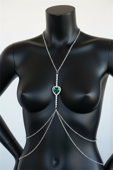 Gümüş Renk Kalp Figürlü Taş Detaylı Vücut Aksesuarı