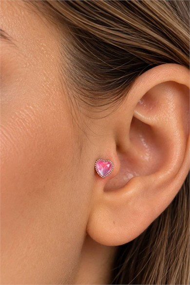 Gümüş Renk Pembe Taşlı Cerrahi Çelik Tragus/Kıkırdak Küpe/Piercing (Tek)