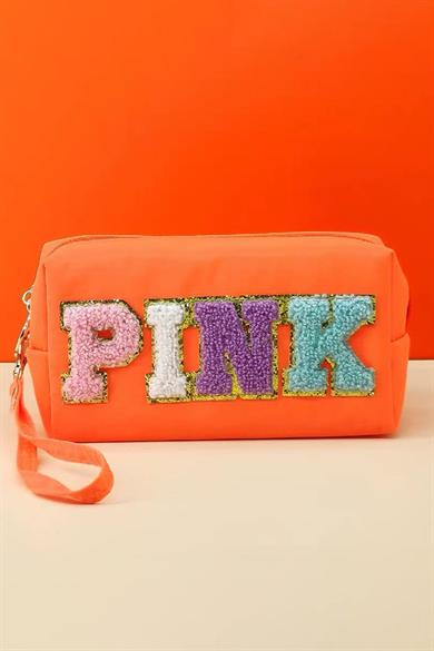 Turuncu Renk Pink Yazılı Makyaj Çantası