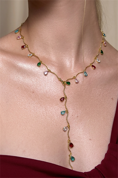 Altın Renk Taş Detaylı Çelik Y Kolye