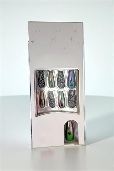 24lü Antrasit Renk Simli Ve Hologramlı Takma Tırnak (Yapıştırıcılı)