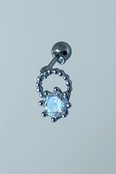Gümüş Renk Taş Detaylı Çelik Tragus/Kıkırdak Küpe/Piercing (Tek)