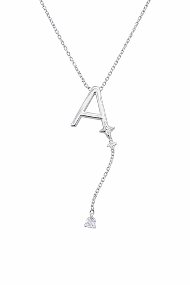 Gümüş Renk A Harfli Taş Detaylı Çelik Kolye
