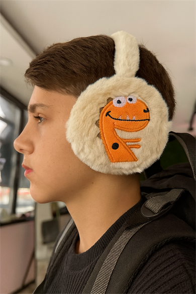 Krem Renk Dinazor Figürlü Peluş Erkek Çocuk Kulaklık