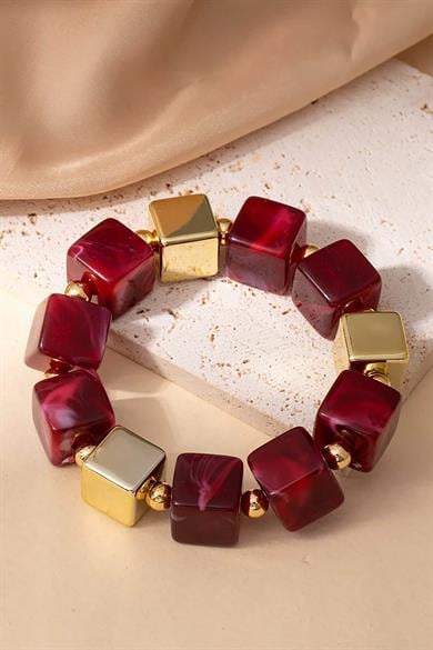 Bordo Ve Altın Renk Boncuk Detaylı Bileklik