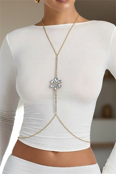 Altın Renk Çiçek Figürlü Taş Detaylı Tasarım Vücut Aksesuar