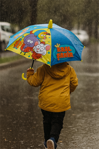 Sarı Renk Karışık Figürlü Kılıflı Çocuk Şemsiye