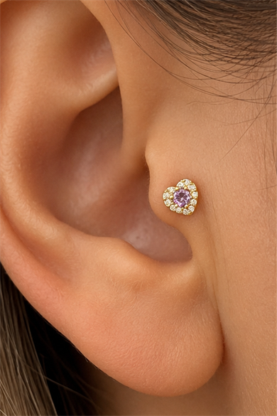 Altın Renk Mor Kalp Detaylı Cerrahi Çelik Tragus/Kıkırdak Küpe/Piercing (Tek)
