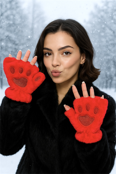 Kırmızı Renk Pati Figürlü Peluş Eldiven