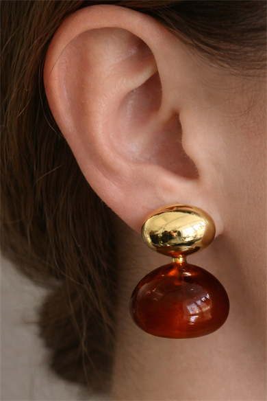 Altın Ve Kahve Renk Taş Detaylı Küpe (Çift)