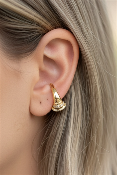 Altın Renk Taş Detaylı 14K Altın Kaplama TX Ear Cuff (Tek)