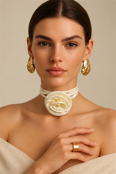 Krem Renk Gül Detaylı Choker Kolye