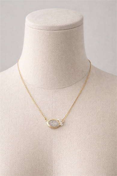 Altın Renk Taş Detaylı Çelik Kolye