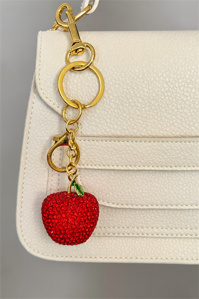 Altın Ve Kırmızı Renk Elma Figürlü Taş Detaylı Çanta Charm/ Anahtarlık