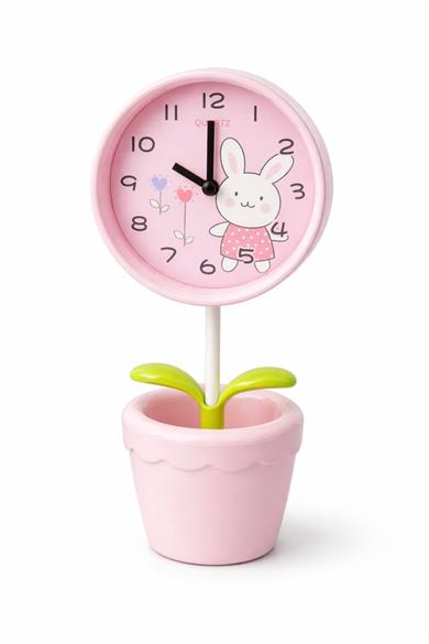 Pembe Renk Saksı Figürlü Işıklı Alarmlı Yuvarlak Masa Saati