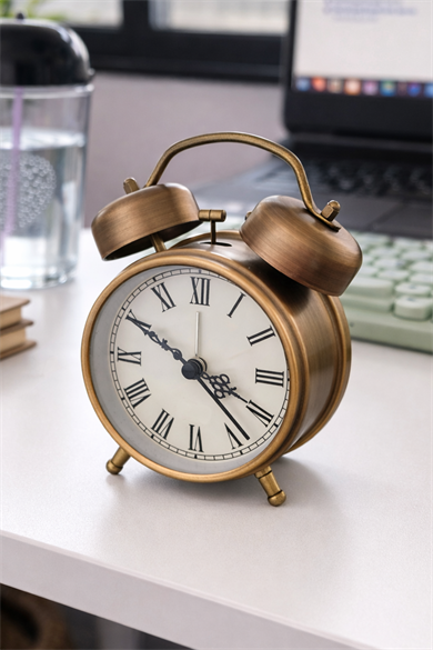 Bronz Renk Dekoratif Işıklı Alarmlı Yuvarlak Masa Saati