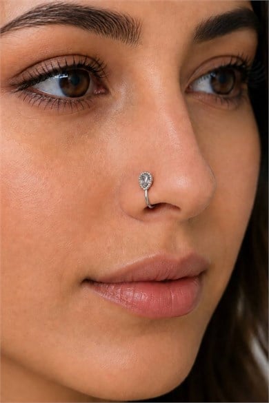 Gümüş Renk Taş Detaylı Cerrahi Çelik Deliksiz Kulak/Burun Piercing 