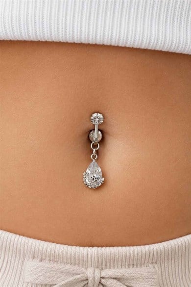 Gümüş Renk Taşlı Delik Gerektirmeyen Cerrahi Çelik Göbek Piercing