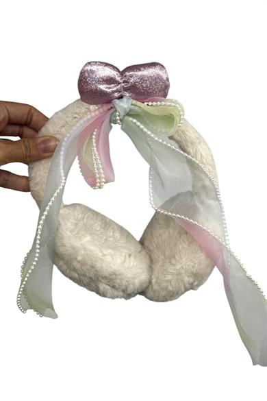 Krem Renk Kurdele Figürlü Peluş Kulaklık