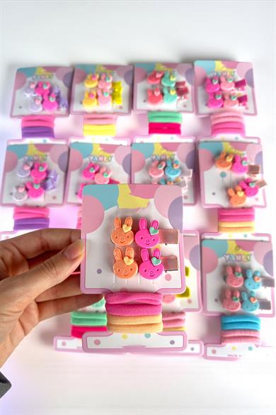 12li Karışık Renk Tavşan Figürlü Lastik Toka Ve Yan Toka Set 