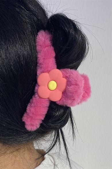 Fuşya Renk Çiçek Figürlü Peluş Mandal Toka