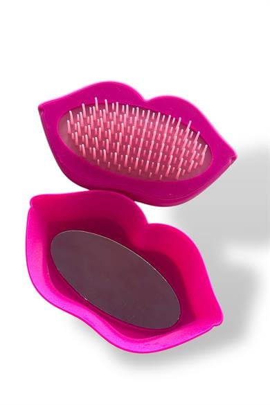 Fuşya Renk Dudak Figürlü Çanta Boy Ayna/ Tarak