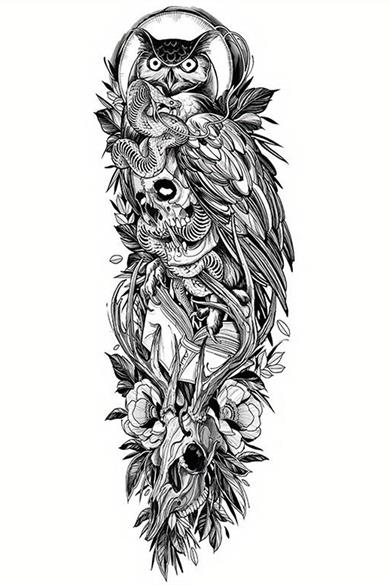 Geçici Baykuş Ve Kuru Kafa Figürlü Dövme Tattoo