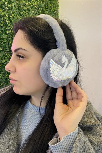 Gri Renk Kuğu Detaylı Peluş Kulaklık