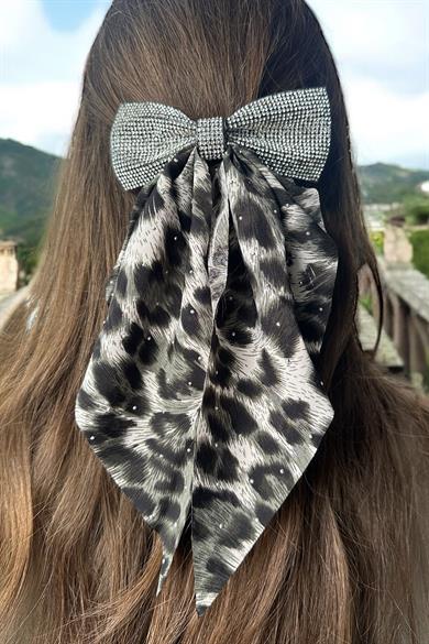 Gri Renk Leopar Desenli Taş Detaylı Otomat Toka