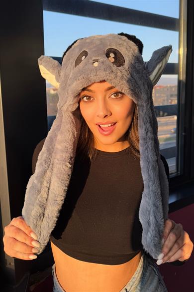 Gri Renk Panda Figürlü Kulakları Oynayan Peluş Şapka